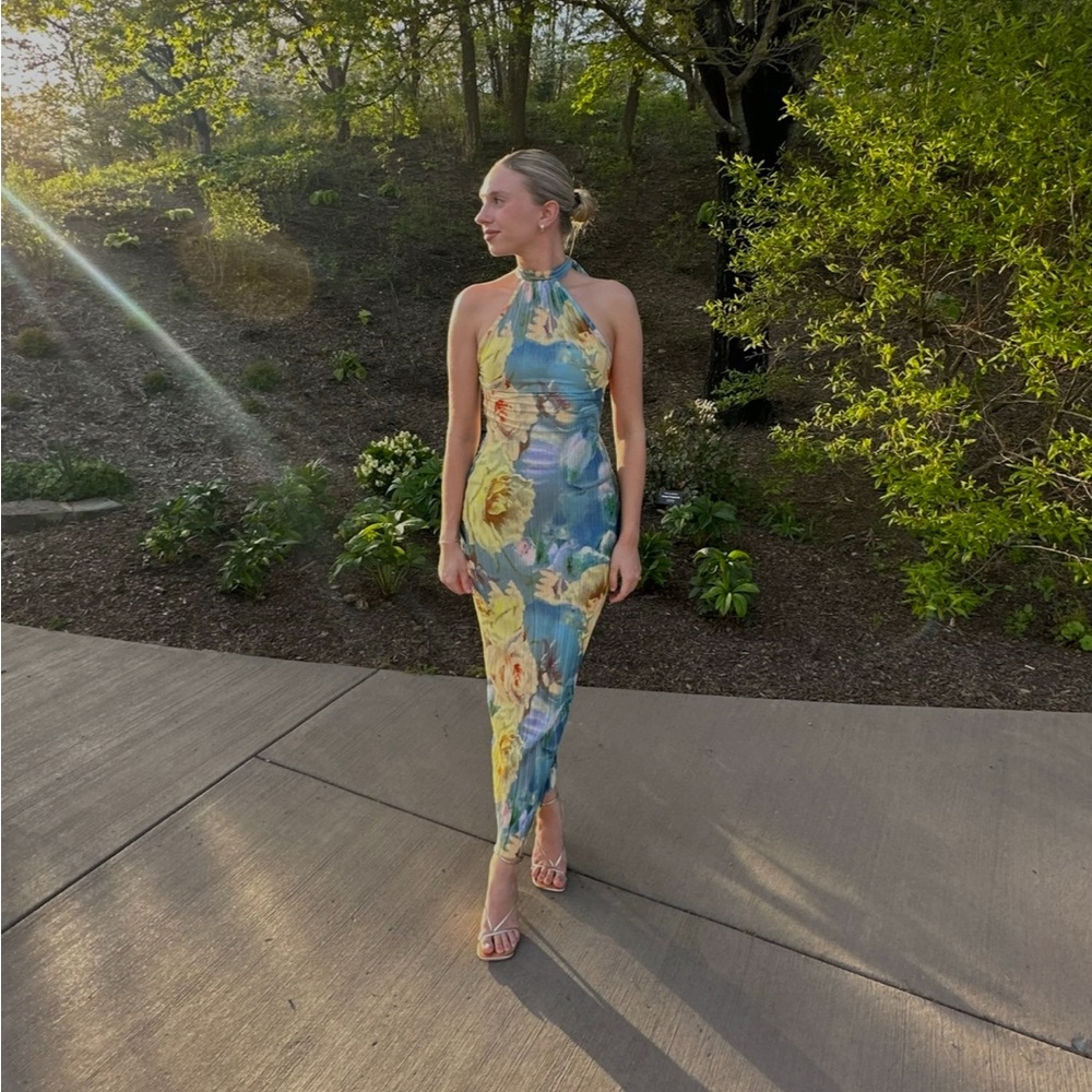 Blue & Yellow Floral Print Plisse High Neck Low Back Maxi Dress
